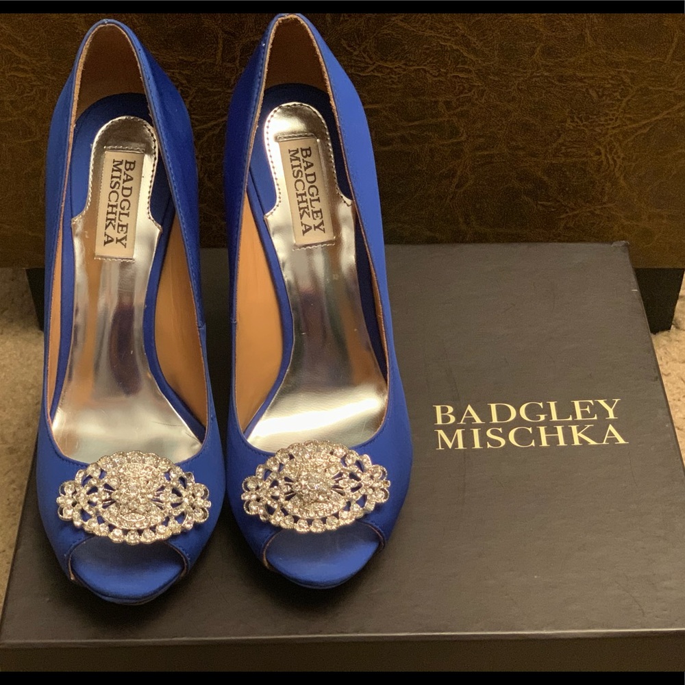 Badgley Mischka Satin Embellished Peep Toe Heels